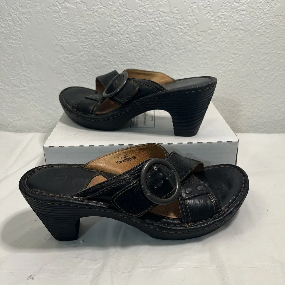 Born Comfort Wedge Sandals Black Leather Womens 7 Slip-On Buckle W3070 3